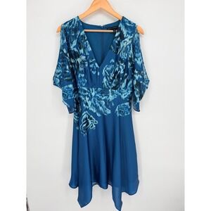White House Black Market Blue Floral Cold Shoulder Handkerchief Hem Dress 6